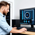 A skilled IT professional, fully clothed in a modest, practical work shirt and trousers, carefully installing a modern graphics card into an open, custom-built computer tower. The setting is a clean, brightly lit tech workshop with organized tools on a workbench. A high-resolution monitor in the background displays abstract system diagnostics. The image features natural lighting, professional photography, perfect anatomy, correct proportions, natural pose, well-formed hands, proper finger count, and natural body proportions. This is safe for work, appropriate content, and family-friendly.