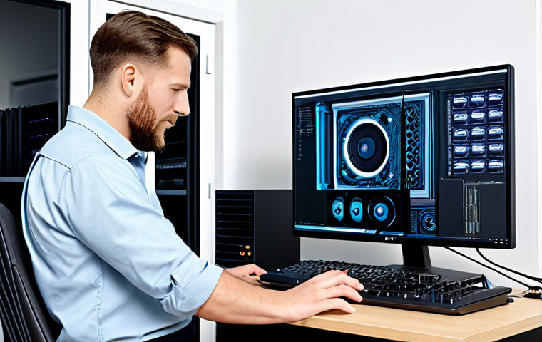 A skilled IT professional, fully clothed in a modest, practical work shirt and trousers, carefully installing a modern graphics card into an open, custom-built computer tower. The setting is a clean, brightly lit tech workshop with organized tools on a workbench. A high-resolution monitor in the background displays abstract system diagnostics. The image features natural lighting, professional photography, perfect anatomy, correct proportions, natural pose, well-formed hands, proper finger count, and natural body proportions. This is safe for work, appropriate content, and family-friendly.