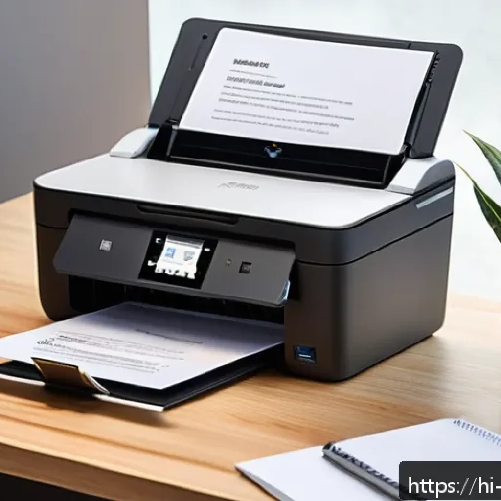 프린터 드라이버 설치 및 설정 방법 - A detailed close-up of a modern home office setup featuring a sleek printer with visible model numbe...