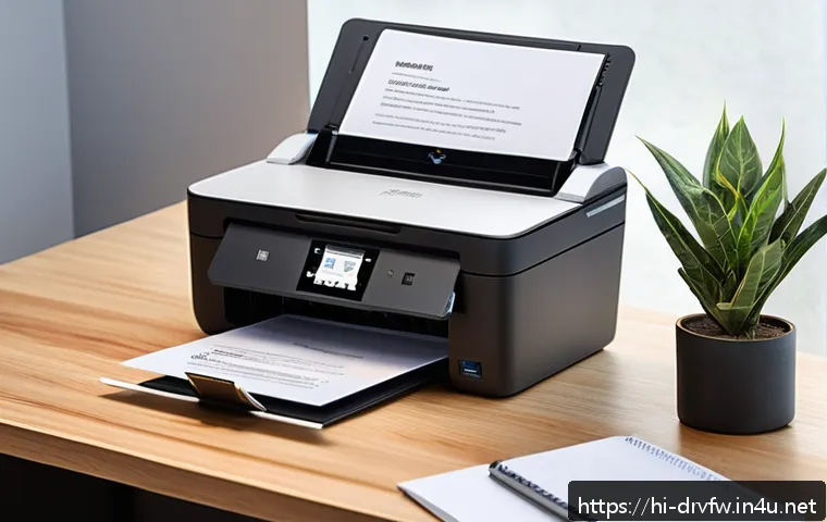프린터 드라이버 설치 및 설정 방법 - A detailed close-up of a modern home office setup featuring a sleek printer with visible model numbe...