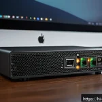 외장 사운드 카드 드라이버 설치 가이드 - A detailed, realistic close-up of a modern external sound card connected to a sleek laptop, showing ...