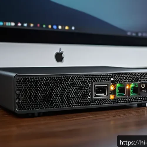 외장 사운드 카드 드라이버 설치 가이드 - A detailed, realistic close-up of a modern external sound card connected to a sleek laptop, showing ...