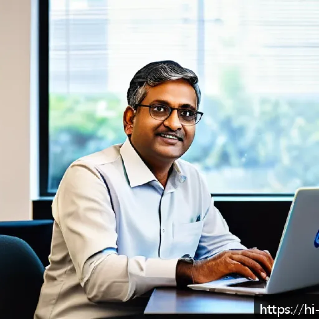 드라이버 백업 및 복구 가이드 - A professional workspace scene showing a middle-aged Indian man wearing casual office clothes, sitti...