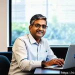 드라이버 백업 및 복구 가이드 - A professional workspace scene showing a middle-aged Indian man wearing casual office clothes, sitti...