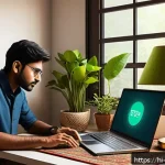 네트워크 드라이버 문제 해결 사례 - A detailed digital illustration of a modern Indian home office setup featuring a young Hindi-speakin...