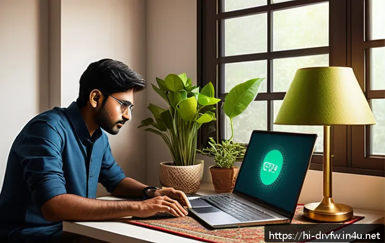 네트워크 드라이버 문제 해결 사례 - A detailed digital illustration of a modern Indian home office setup featuring a young Hindi-speakin...