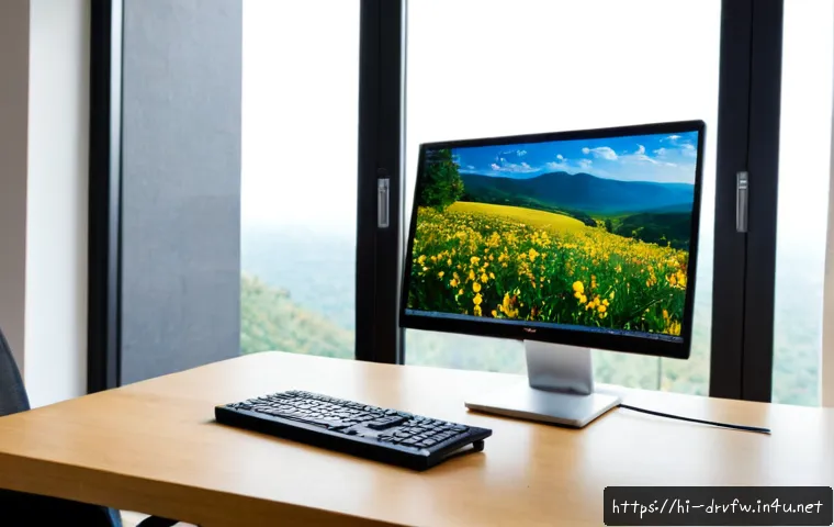 Home 17 모니터 펌웨어 업데이트로 화질 개선 - Photorealistic modern home office, a large high-resolution monitor displaying a vivid, sharp nature ...