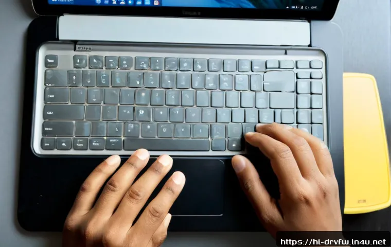 무선 키보드 펌웨어 업데이트 방법 - Photorealistic close-up of an Indian adult updating a compact wireless keyboard at a clean home offi...